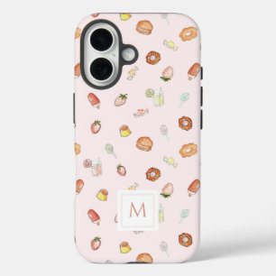 Girly Watercolor Dessert Pattern Pink Monogram iPhone 16 Case
