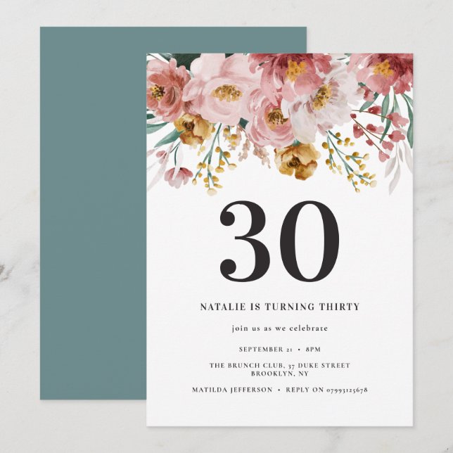 Girly watercolor floral 30th birthday pink blue (Front/Back)