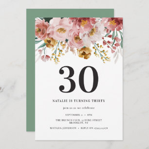 Girly watercolor floral 30th birthday pink blue