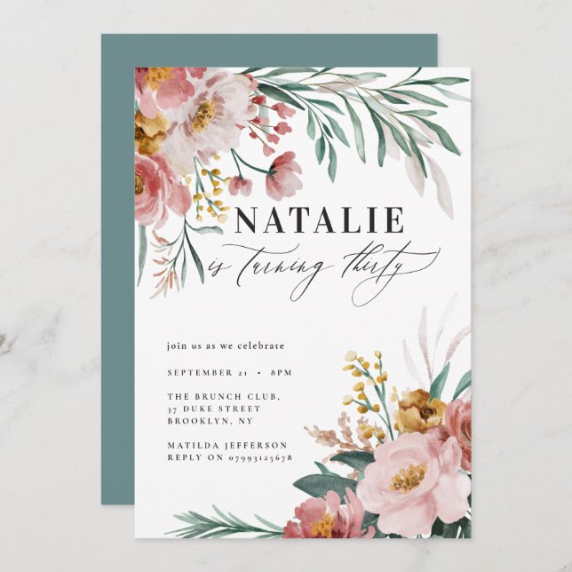 Girly watercolor floral 30th birthday pink blue (Front/Back)