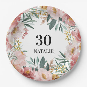 Girly watercolor floral birthday pink chic classic paper plate