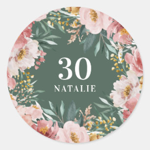 Girly watercolor floral birthday pink chic classic round sticker