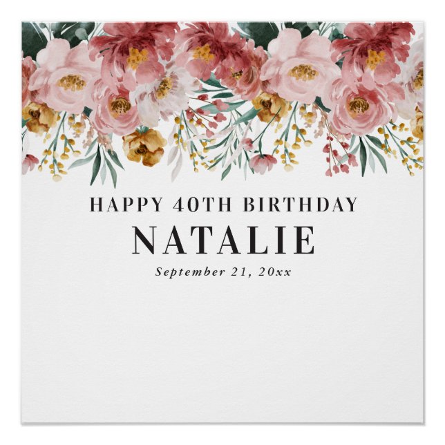 Girly watercolor floral editable age birthday  poster (Front)