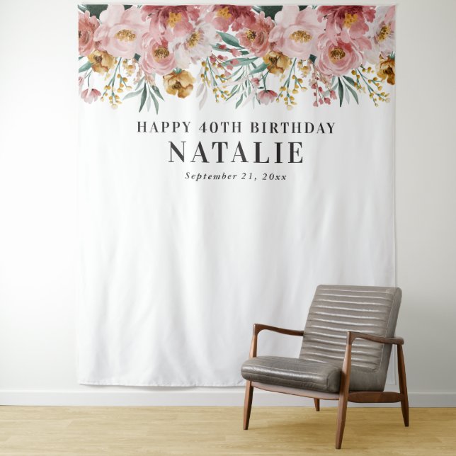 Girly watercolor floral editable age birthday tapestry (In Situ)