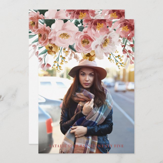 Girly watercolor floral editable age photo (Front/Back)