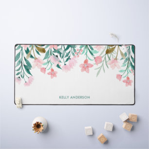 Girly Watercolor Floral Pattern Monogrammed Desk Mat