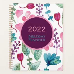 Girly Watercolor Floral Pattern Personalise Script Planner
