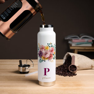 Girly Watercolor Floral with Monogram Water Bottle
