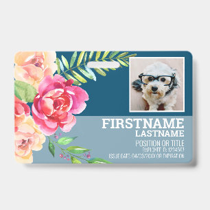 Girly Watercolor Flower Employee Photo ID Badge