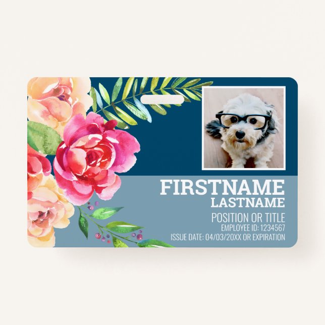 Girly Watercolor Flower Employee Photo ID ID Badge (Front)