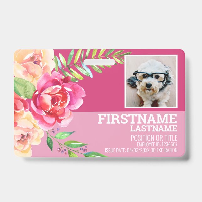 Girly Watercolor Flower Employee Photo ID pink Badge (Front)