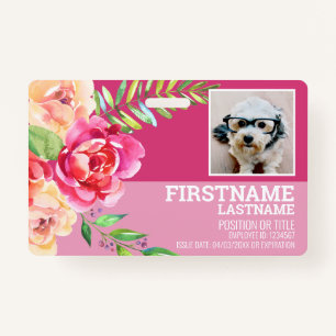 Girly Watercolor Flower Employee Photo ID pink ID Badge