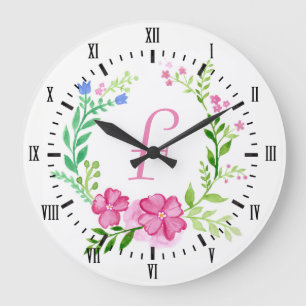 Girly Watercolor Flowers Wreath & Initial Letter Large Clock