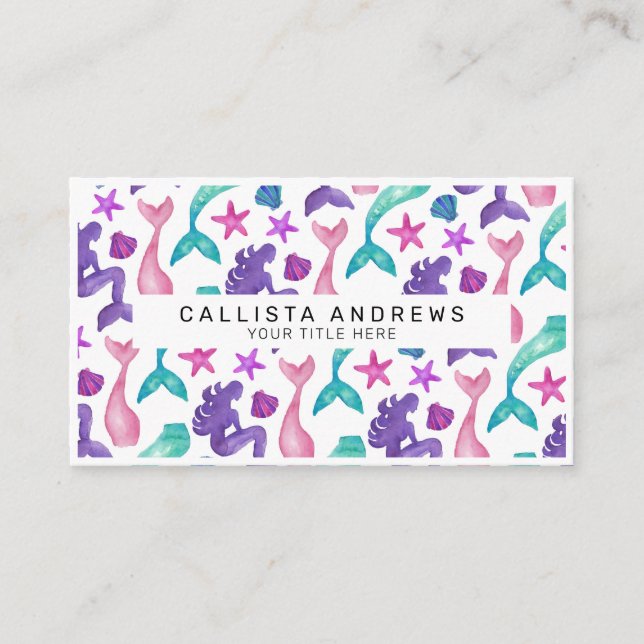 Girly Watercolor Mermaids Tales Seashells Pattern Business Card (Front)