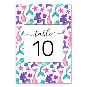 Girly Watercolor Mermaids Tales Seashells Pattern Table Number