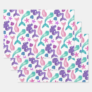 Girly Watercolor Mermaids Tales Seashells Pattern Wrapping Paper Sheet