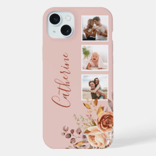 Girly Watercolor Roses 3-Photo & Name iPhone 15 Plus Case