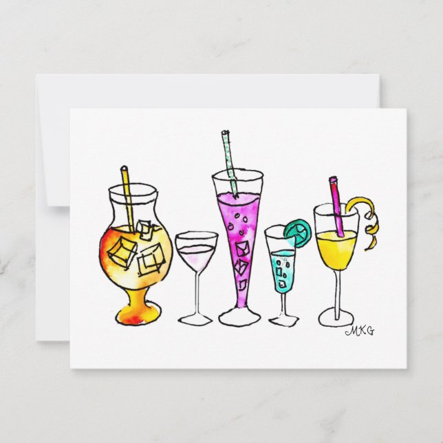 Girly Watercolor Summer Cocktails Retro Note Cards (Front)