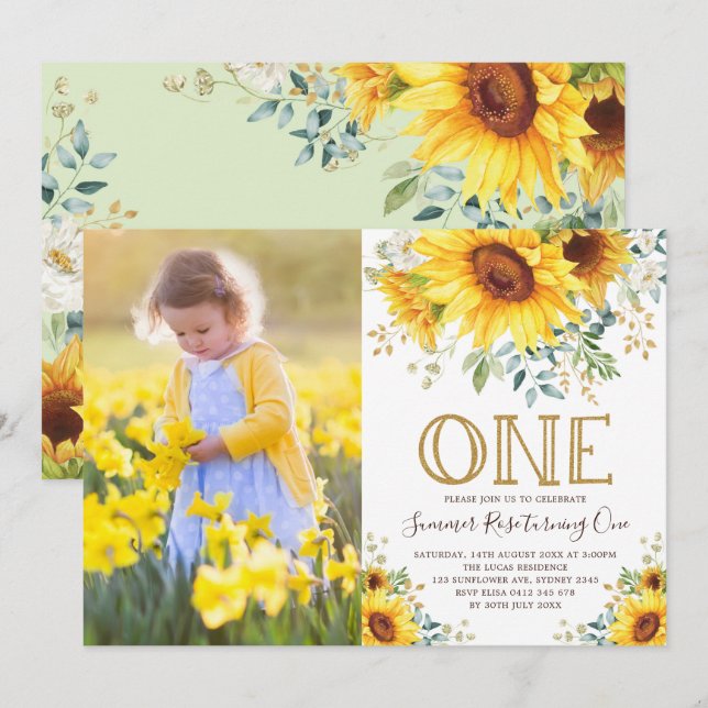 Girly Watercolor Sunflower 1st Birthday Photo Invitation (Front/Back)