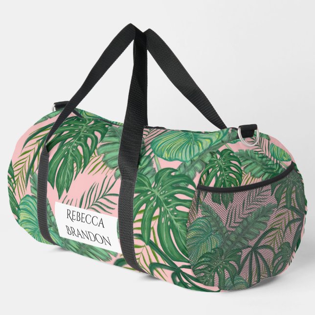 Girly Watercolor Tropical Palm Leaf Pink Name Duffle Bag (Right Corner)