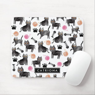 Girly Whimsical Cat Kitten Watercolor Animal Yarn Mouse Pad