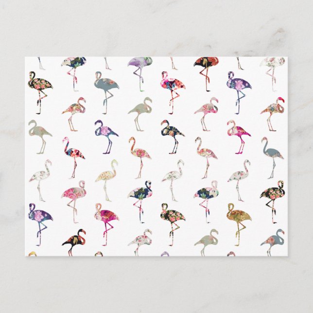 Girly Whimsical Retro Floral Flamingos Pattern Postcard (Front)