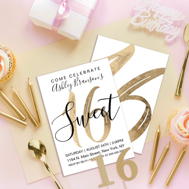 Girly White Faux Gold Foil Sweet 16 Invitation (Creator Uploaded)