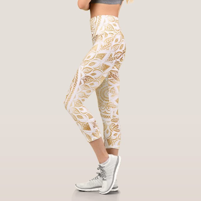 Girly White Gold Mandala Floral Capri Leggings (Left)