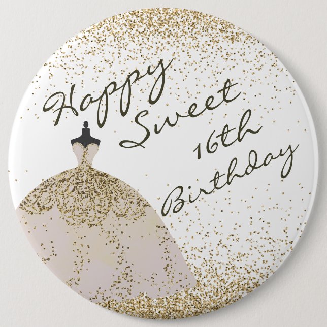 Girly White Golden Ball Gown Sweet 16th Birthday 6 Cm Round Badge (Front)