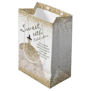 Girly White Golden Ball Gown Sweet 16th Birthday Medium Gift Bag