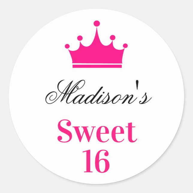 Girly White Hot Pink Sweet 16 Princess Crown Name Classic Round Sticker (Front)