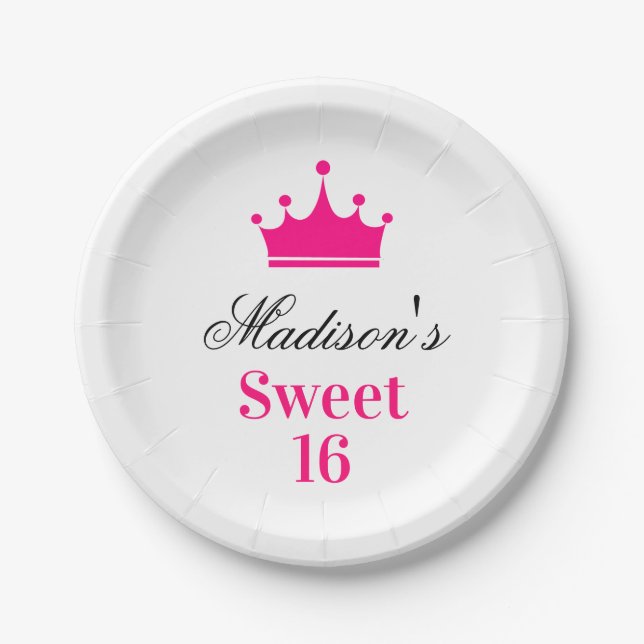 Girly White Hot Pink Sweet 16 Princess Crown Name Paper Plate (Front)