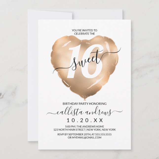 Girly White Pink Gold Foil Heart Balloon Sweet 16 Invitation (Front)