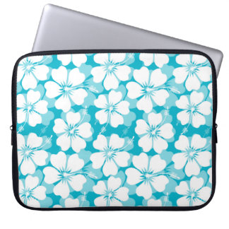 Girly White Tropical Hibiscus Pattern on Turquoise Laptop Sleeve