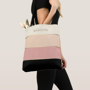 Girly Wide Stripes Gold Monogram Name Tote Bag