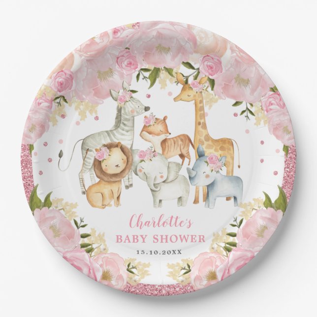 Girly Wild Baby Animals Jungle Safari Birthday Paper Plate (Front)