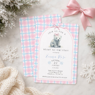 Girly Winter Polar Bear Beary 1st Birthday Party Invitation
