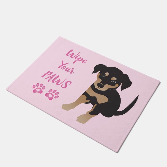Girly Wipe Your Paws Cute Puppy Pink Doormat (Angled)