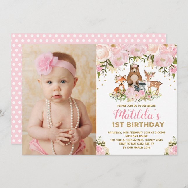 Girly Woodland Animals 1st Birthday Pink Floral Invitation (Front/Back)