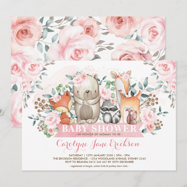 Girly Woodland Animals Chic Pink Roses Baby Shower Invitation (Front/Back)