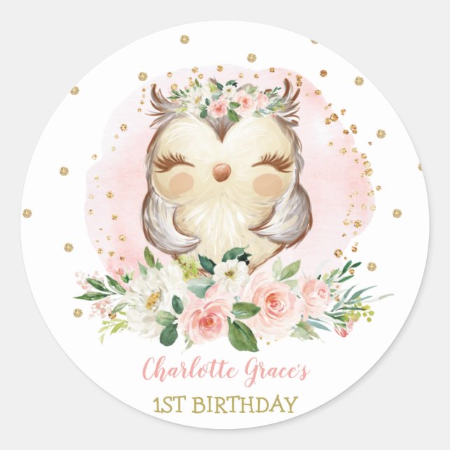 Girly Woodland Baby Owl 1st Birthday Party Favors Classic Round Sticker (Front)