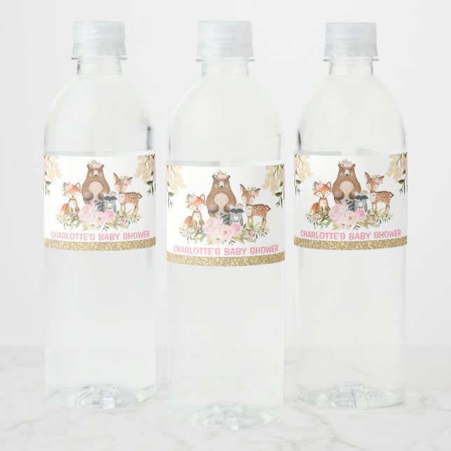 Girly Woodland Baby Shower Blush Pink Floral Water Bottle Label (Bottles)