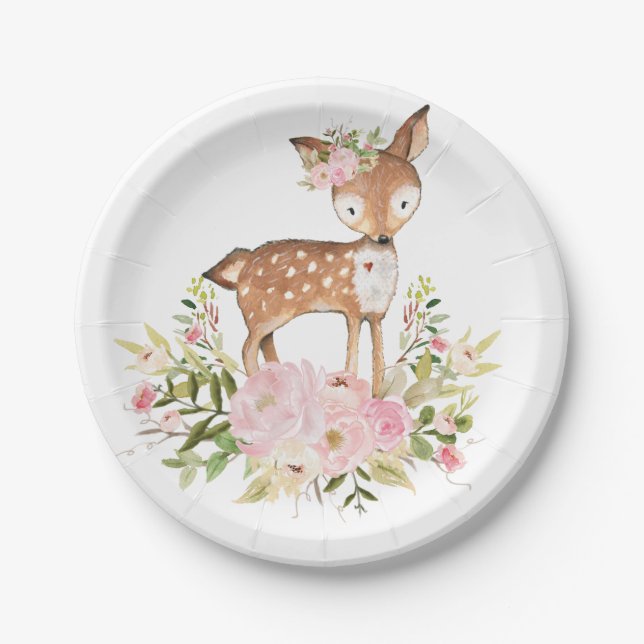Girly Woodland Deer Pink Floral Forest Birthday Paper Plate (Front)