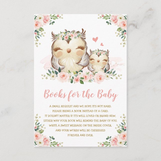 Girly Woodland Floral Owl Bring a Book for Baby Enclosure Card (Front)