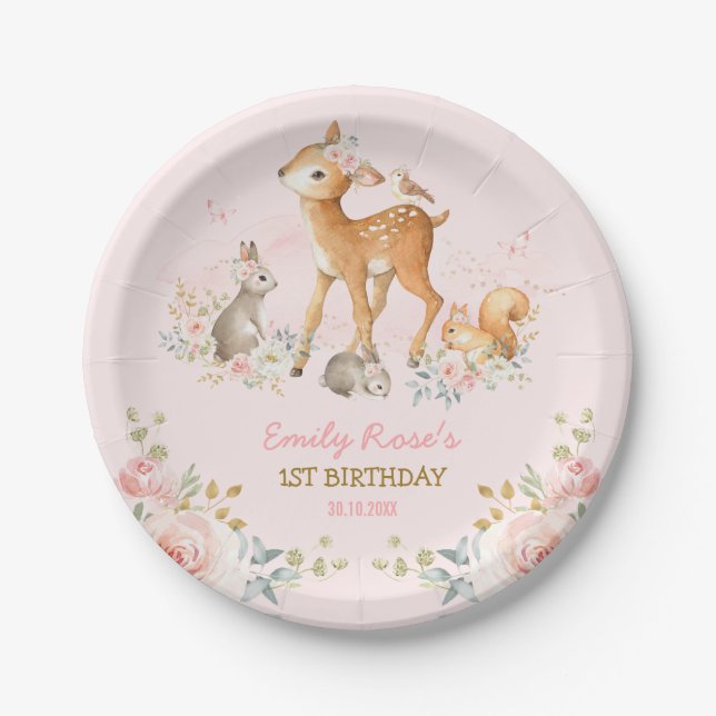 Girly Woodland Forest Animals Floral 1st Birthday Paper Plate (Front)