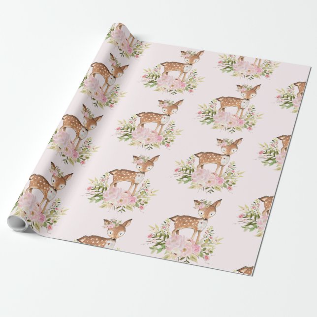 Girly Woodland Forest Deer Baby Shower Birthday Wrapping Paper (Unrolled)