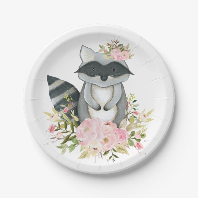 Girly Woodland Racoon Pink Floral Forest Shower Paper Plate (Front)