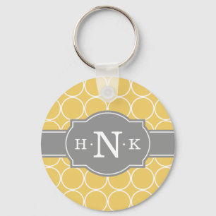 Girly Yellow Circle Pattern Grey Monogram Key Ring