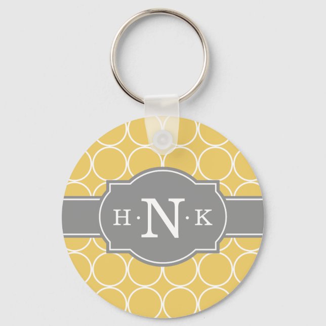 Girly Yellow Circle Pattern Grey Monogram Key Ring (Front)