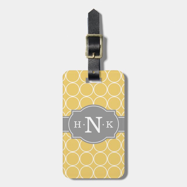 Girly Yellow Circle Pattern Grey Monogram Luggage Tag (Front Vertical)